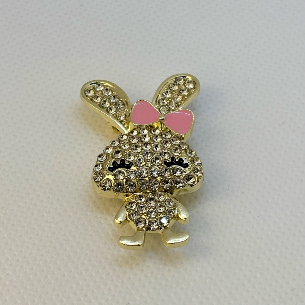 Bunny Brooch Pin and Pendant Necklace Chain Included Gold Tone Rhinestones